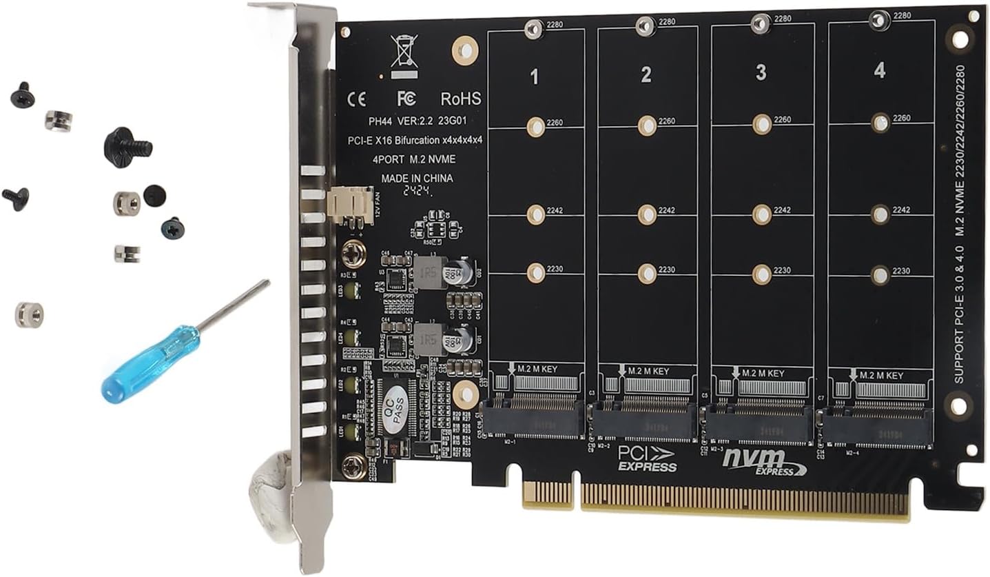 Adapter Card, 4 Port M.2 NVMe SSD to PCIE X16 Expansion Card, Supports RAID Function, PCIE 3.0, 4.0 Protocol (PH44)