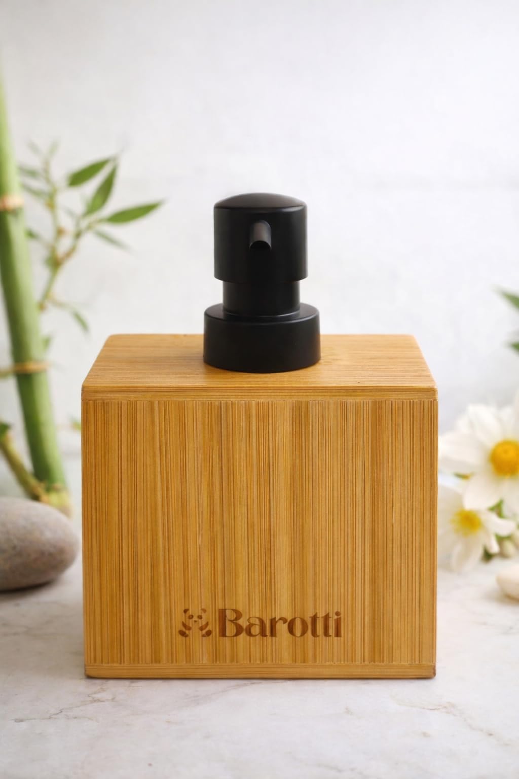 Barotti Modern Doğal Bambu Kare Sıvı Sabunluk, Lüks Tasarım Banyo ve Mutfak Sabun Dağıtıcı, Dayanıklı Kübik Tasarım, Siyah Pompalı