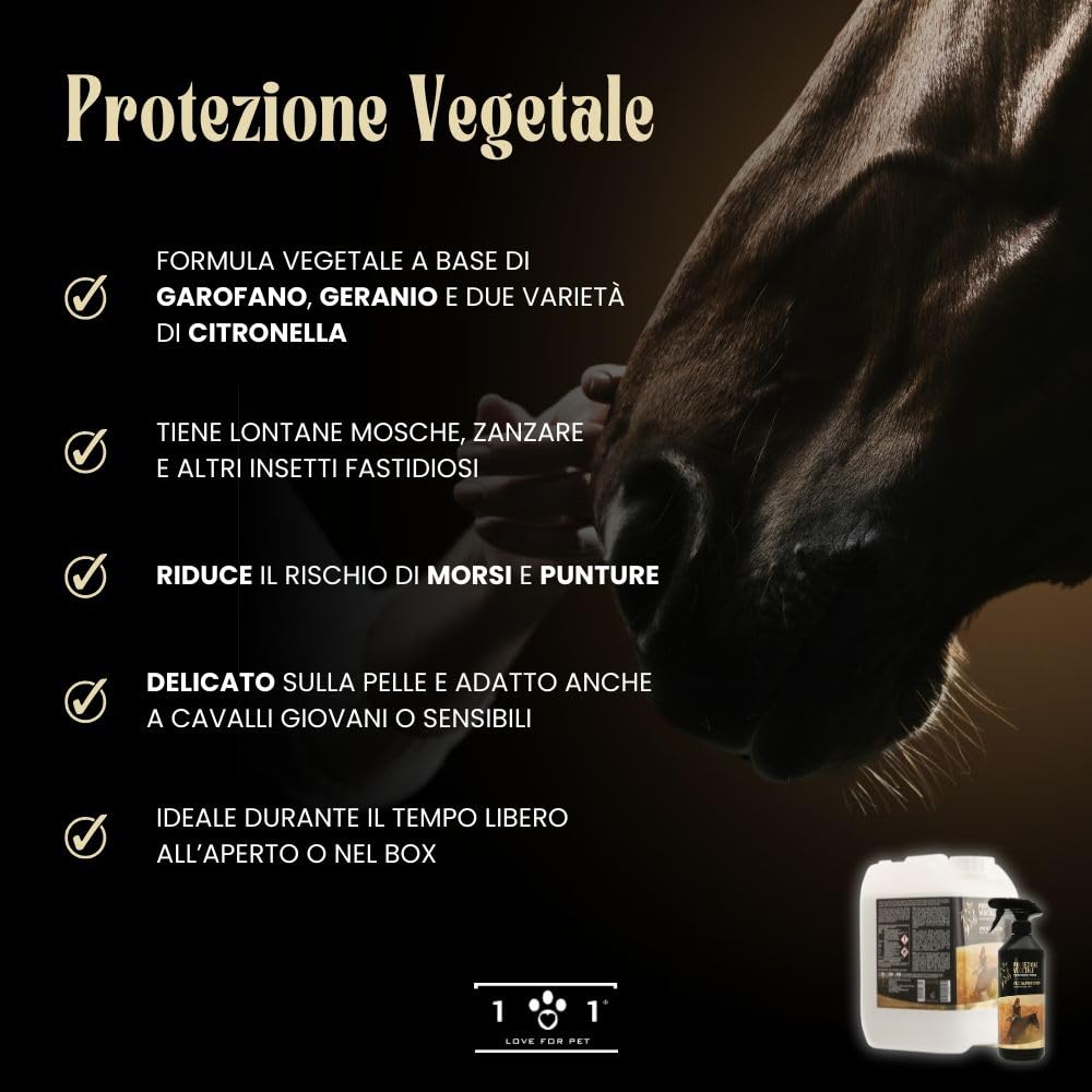 LINEA 101 - Protezione Vegetale Cavalli 5L, Spray Repellente Naturale con Garofano, Geranio e Citronella, Formula Ipoallergenica, Azione Anti Mosche, Tafani e Zanzare, Per Uso in Paddock e Box