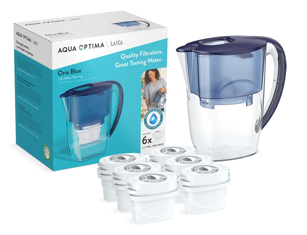 Aqua Optima Oria Water Filter Jug & 6 Evolve+ + 6 Filters, Blue