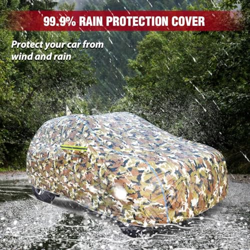 Image of for Maruti Baleno Car Cover for All Weather Protection with 100% Waterproof, Mirror Pockets, Soft Lining, Triple Stitched, Adjustable Belt and Bottom Elastic to Secure Fit (Army Print)