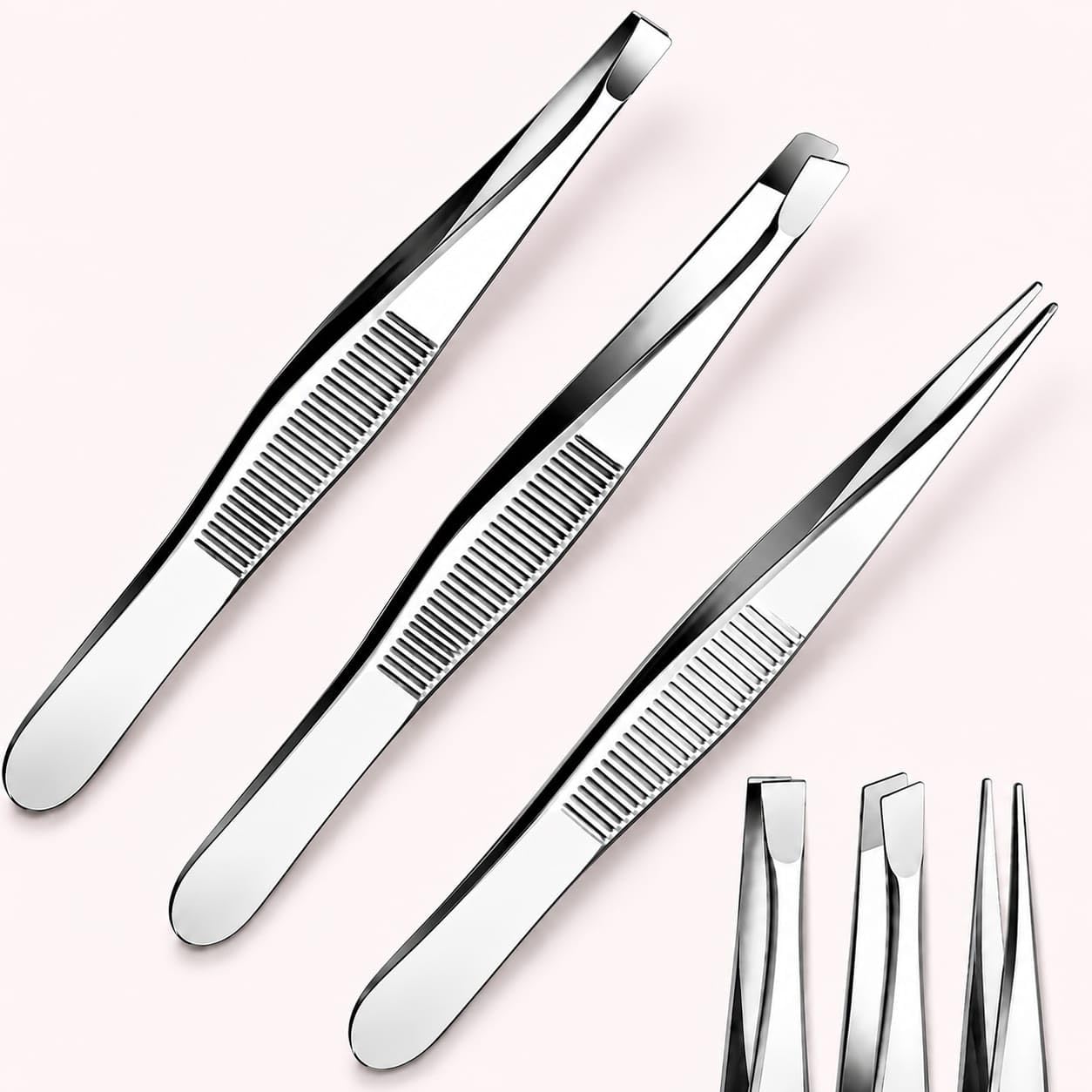 Kit 3 Pinças Aço Inox – Ponta Reta, Chanfrada e Fina-Sobrancelha Buço