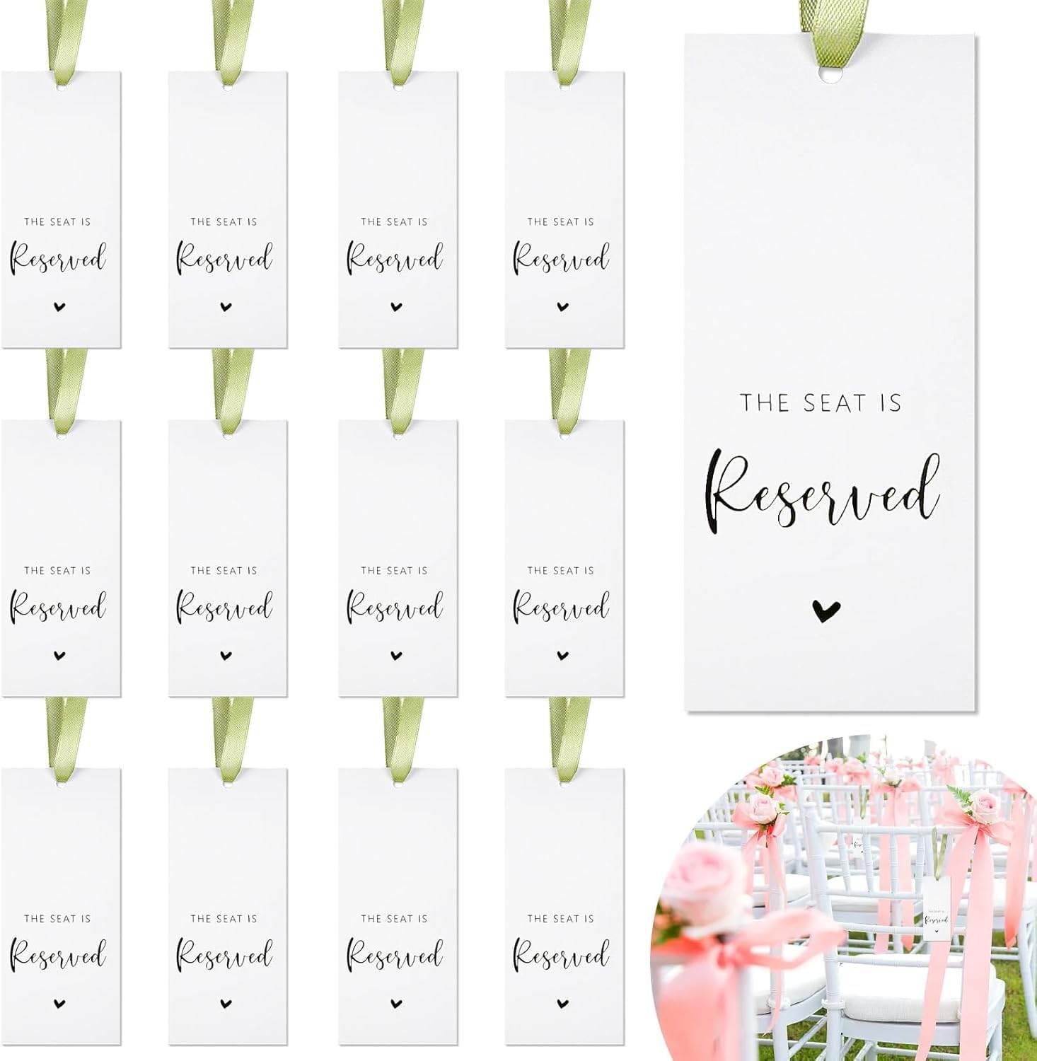 LLMSIX 12Pcs Reserved Seat Signs for Wedding Chairs Ribbon, The Seat is Reserved for Ceremony Seating Tag for Church Pews Important Events, Double-Sided Print