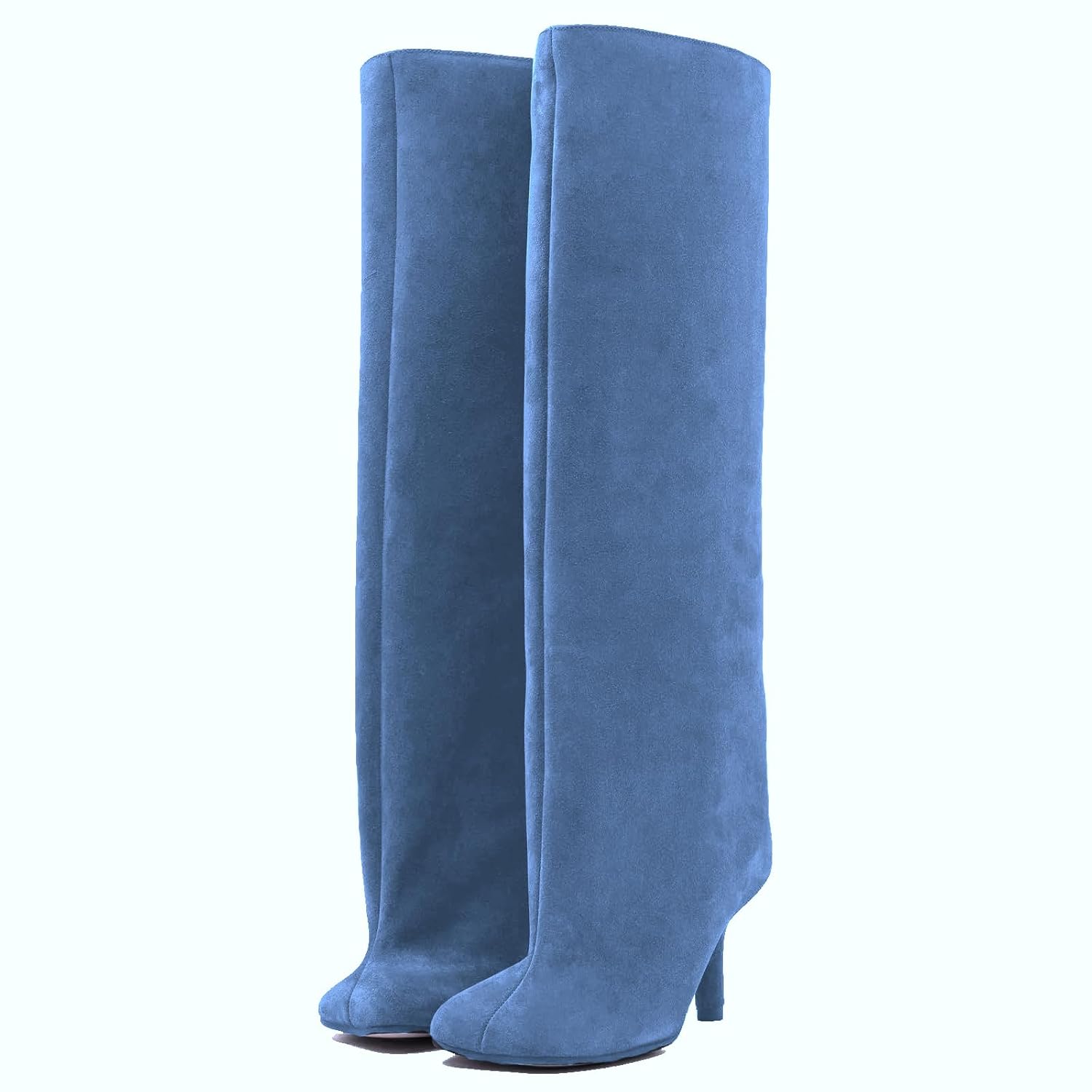 UBWDU Womens Suede Knee High Boots Square Toe Stiletto Heels Wide Calf Tall Boots