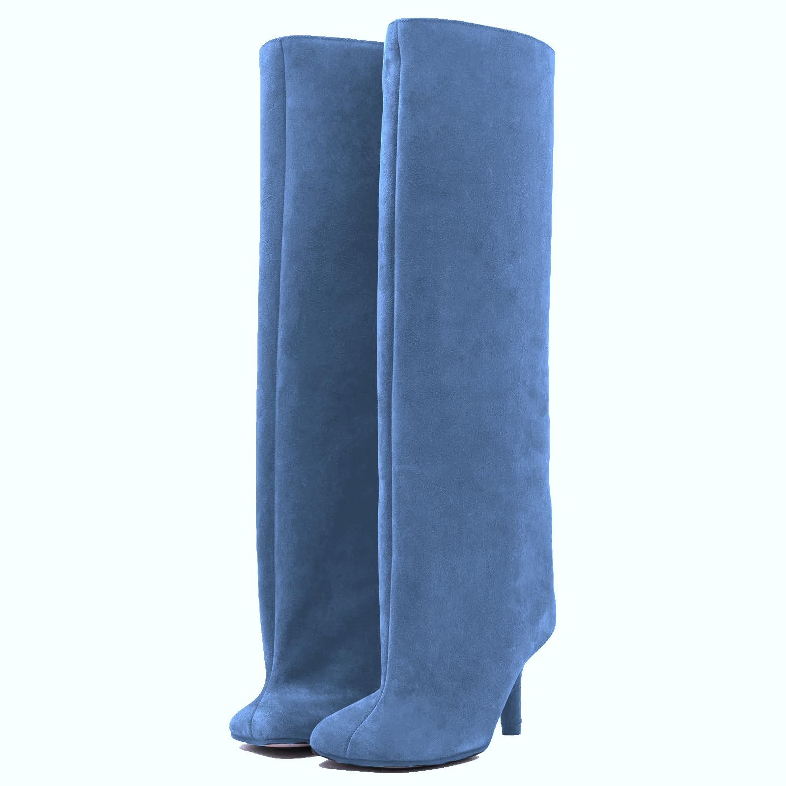 UBWDU Womens Suede Knee High Boots Square Toe Stiletto Heels Wide Calf Tall Boots