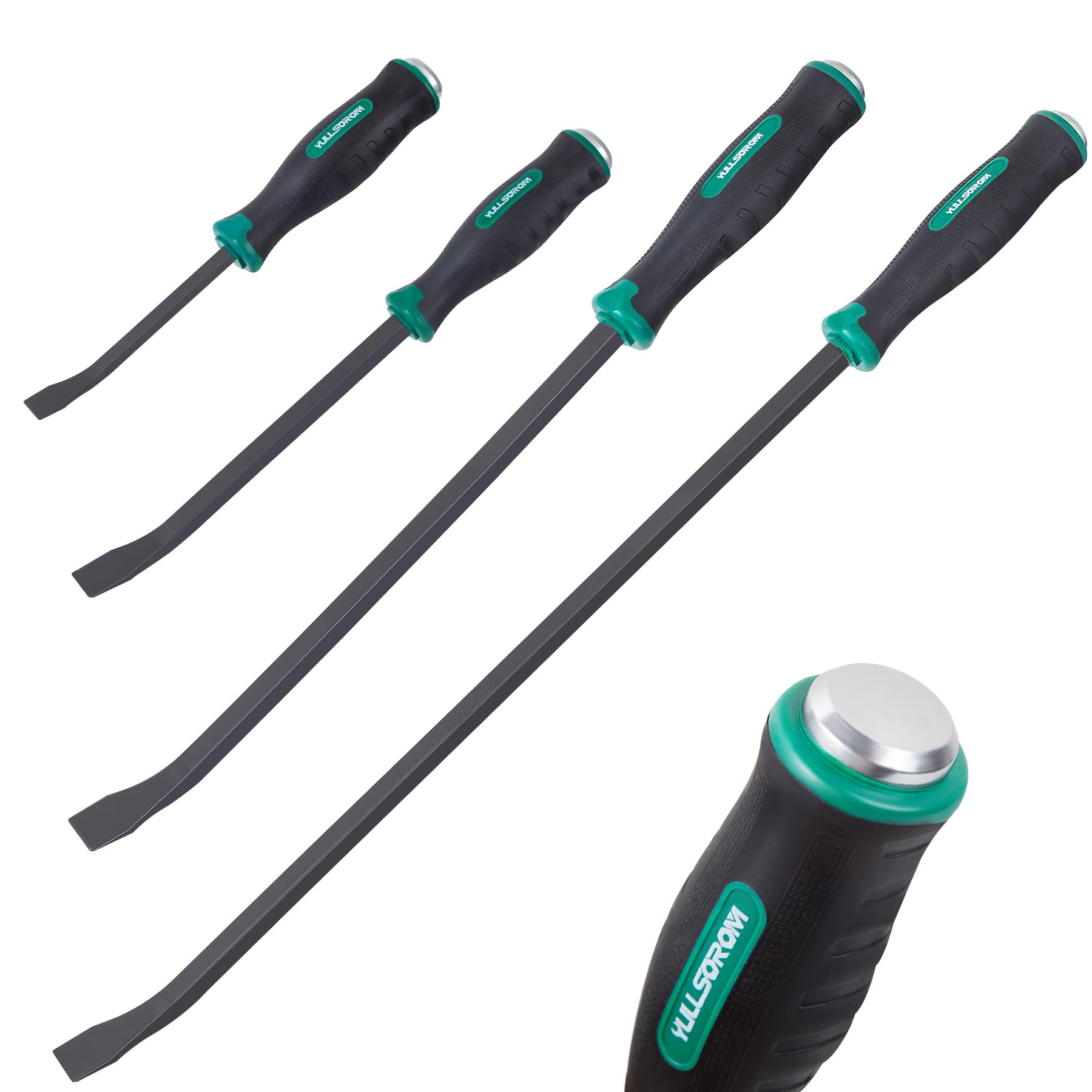 YullSorom Pry Bar Set, 8", 12", 18" and 24" Pry Bars Heavy Duty 4-Piece Mechanic Hand Tools, Thicker Strike Cap Handle Prybar Set, Black Green