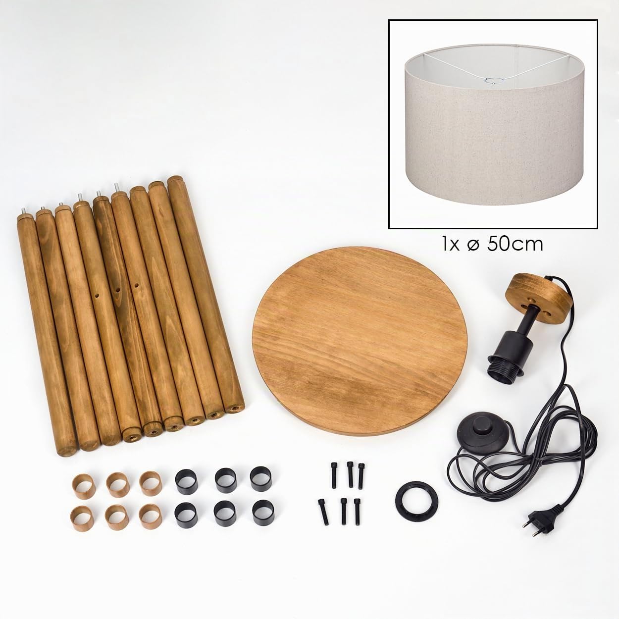 HOFSTEIN Stehleuchte Flemming, Stehlampe aus Holz/Metall im modernen Boho-Design, Schirm aus Stoff, Ø 50 cm, 153 cm, E27, mit Fußschalter und Ablagefläche - Wohnzimmer, Schlafzimmer, Esszimmer, Flur