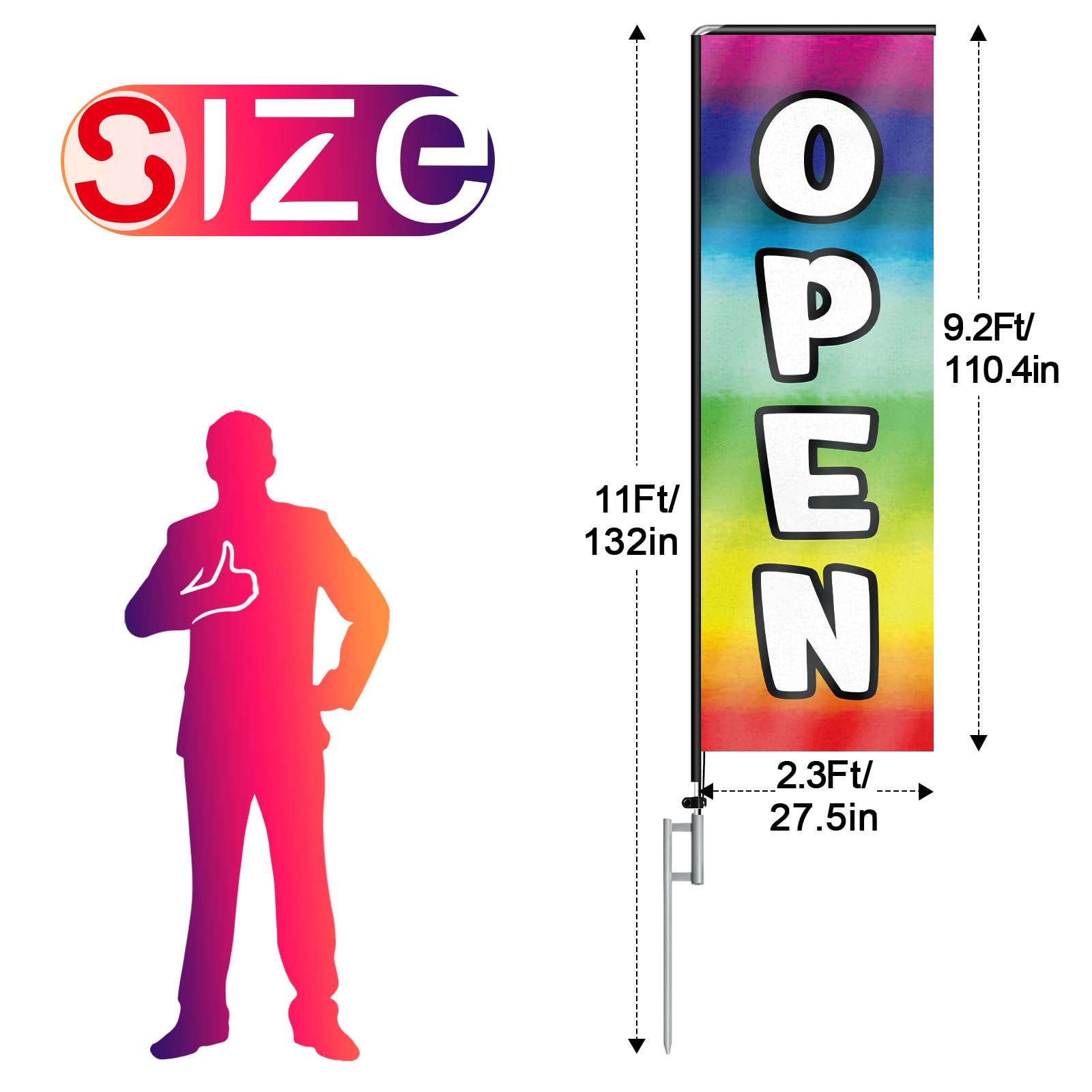 Bandera de plumas rectangular abierta multicolor con kit de mástil de bandera y estaca de tierra, bandera abierta sin viento de 11 pies, cartel de negocios para publicidad en interiores y