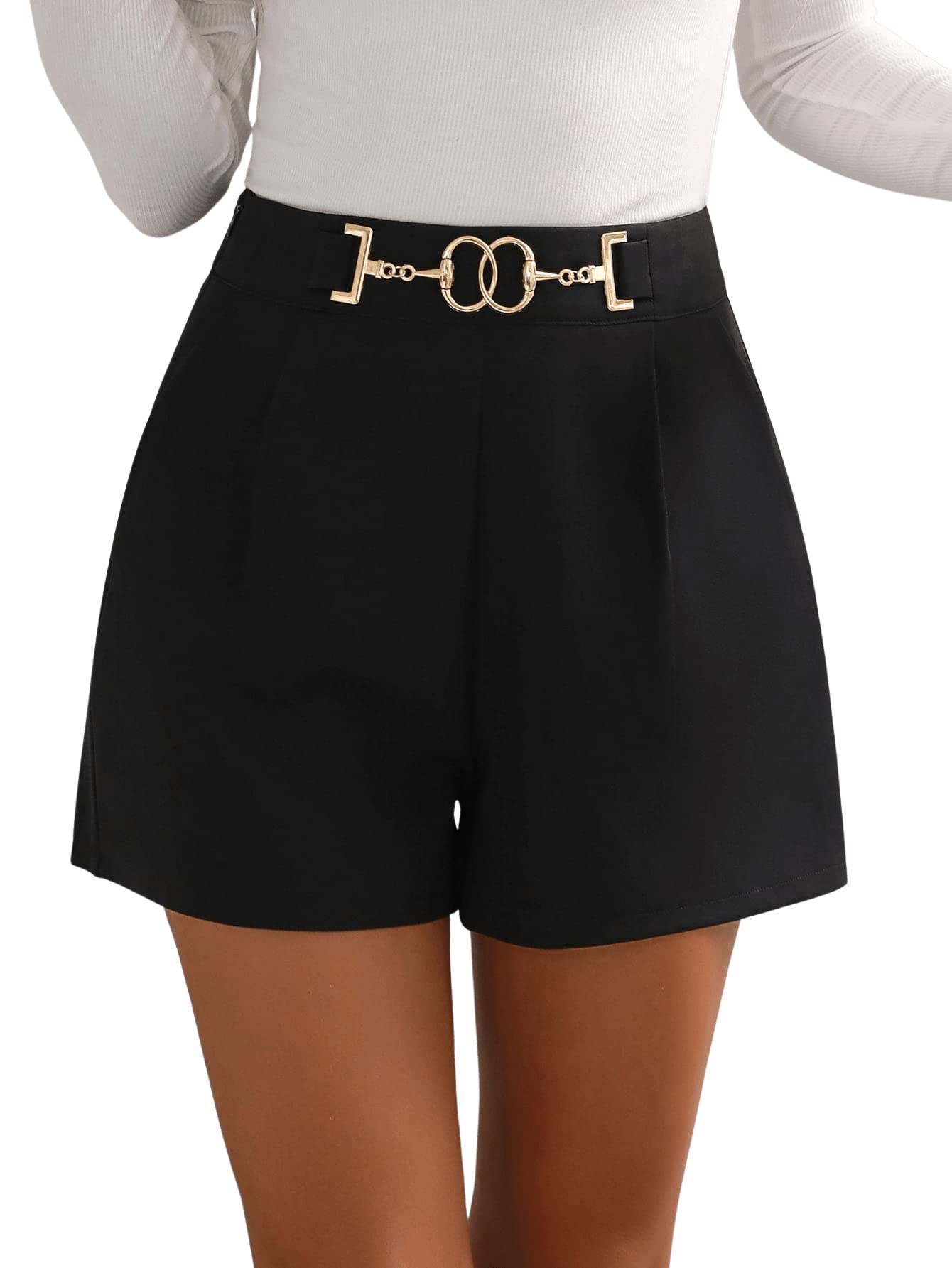 GORGLITTER Pantaloncini da donna eleganti, a gamba larga, a vita alta, con chiusura lampo e catena