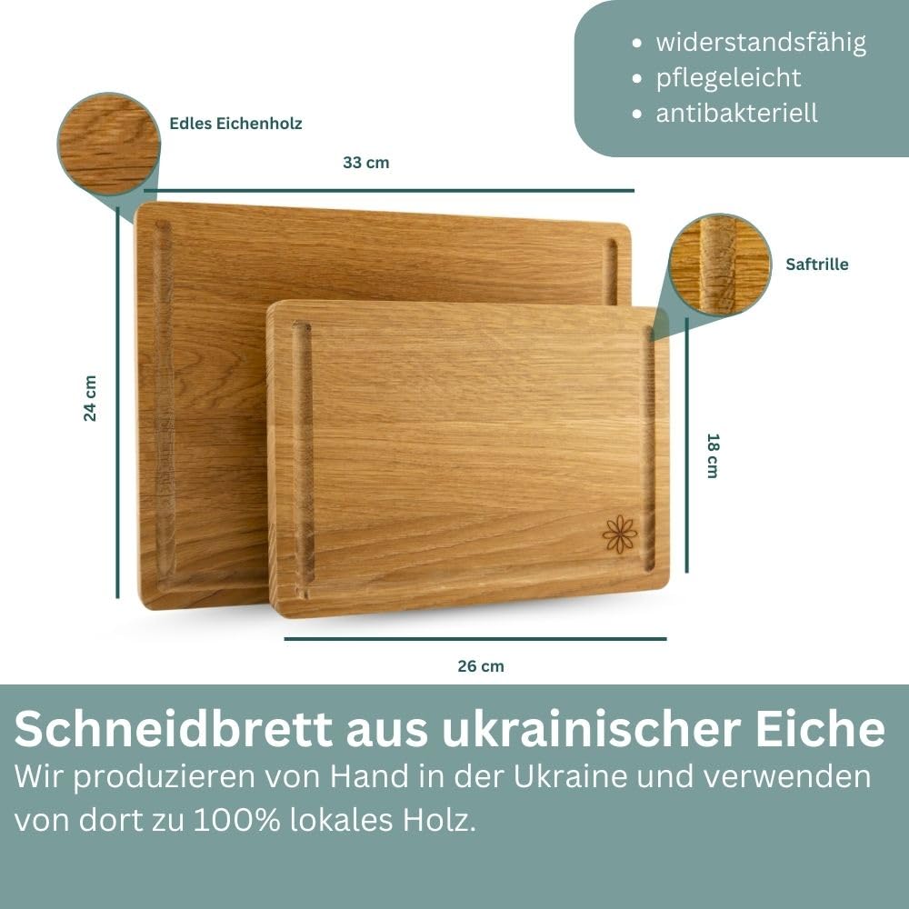 Waldmeister Schneidebrett 2er Set aus massiver Eiche (33x24/26x18cm) - Eichenbrett mit Saftrille - Holzbrettset mit passender Halterung - perfekt für deine Küche