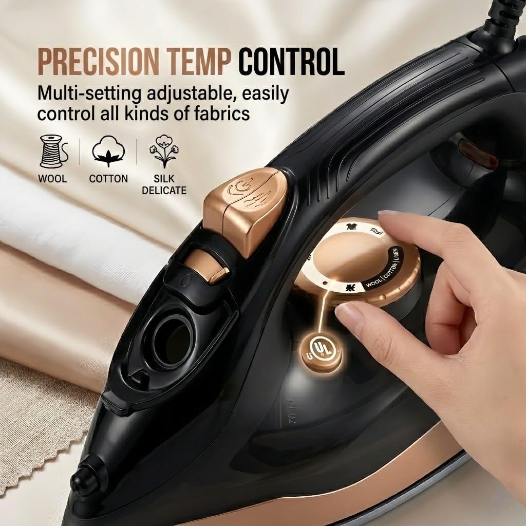 Steam Iron for Clothes, Anti-Drip Protection, Iron Steamer for Clothes, 1200 Watts, Auto-Off, Self-Cleaning, Wrinkle Remover for All Fabrics，Black&Gold