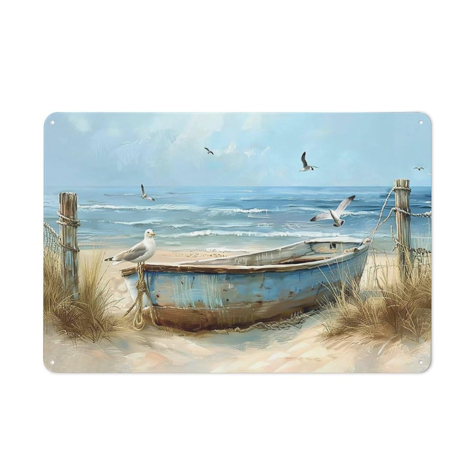 ACDOET Rustic Metal Tin Sign Coastal Seagull Seascape Wall Art Beach Seaside Sailboat Boat Pictures Wall Decor Home Office Living Room Decorations 8x12 Inch