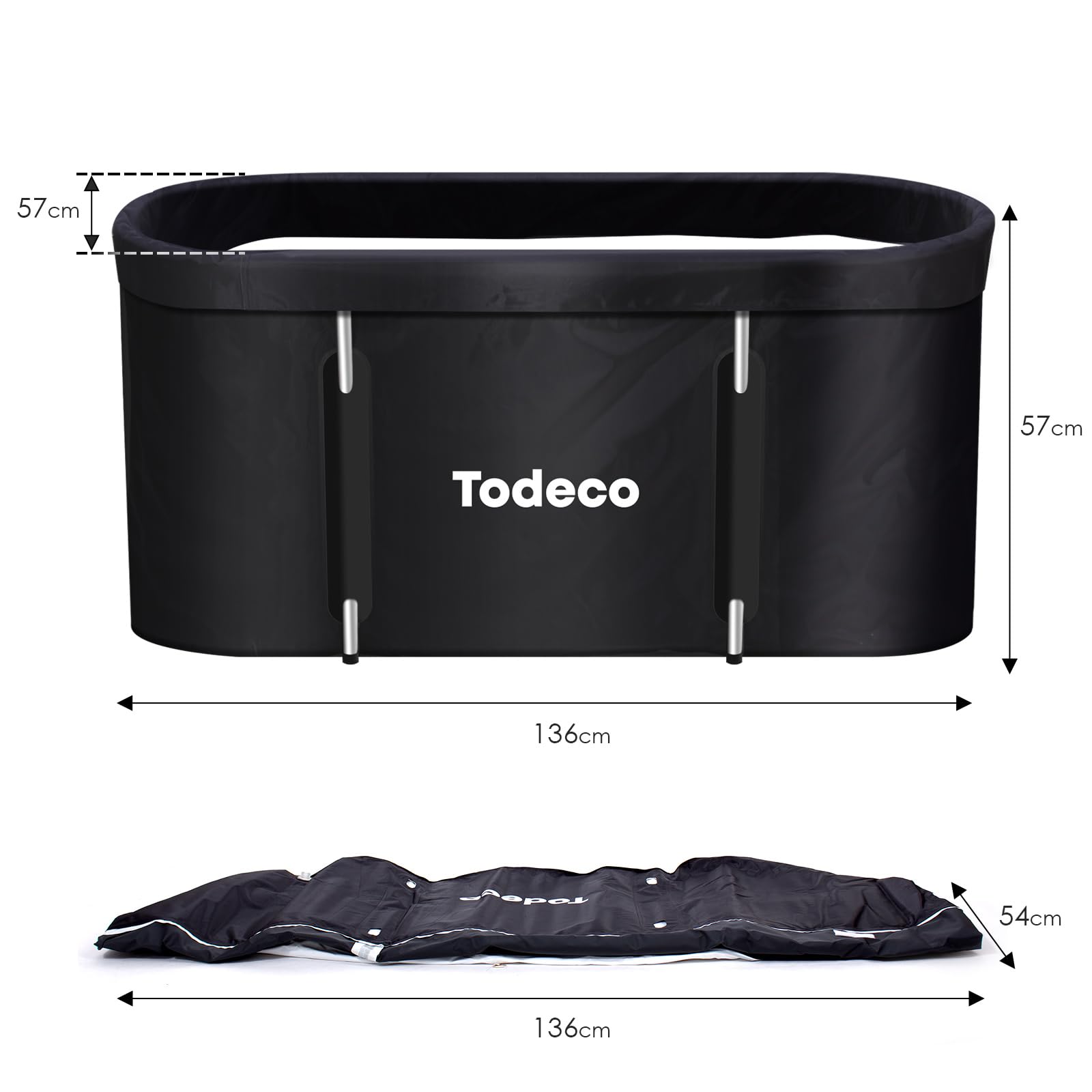 Todeco Bañera plegable para adultos - Portátil con marco de metal 140x57x57cm, gran familia SPA, bañera de spa móvil para ducha, baño caliente, baño de hielo - Negro