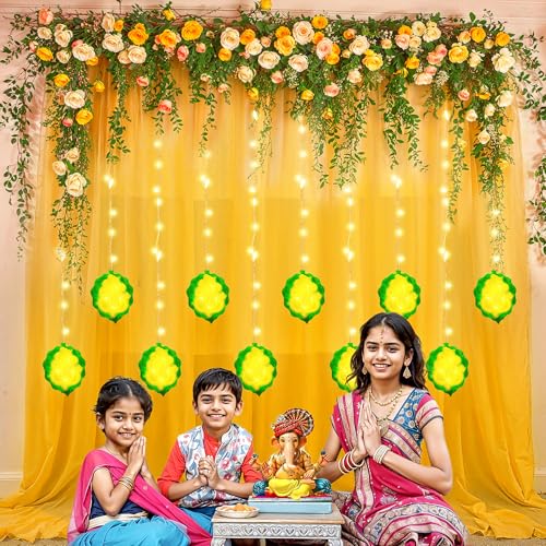 Image of Party Propz Yellow Backdrop for Decorations with Ganpati Curtain Lights, Haldi Decoration Items for Home Decor, Backdrop Cloth for Decoration Pooja, Wedding Decor (3Pcs)(Net)