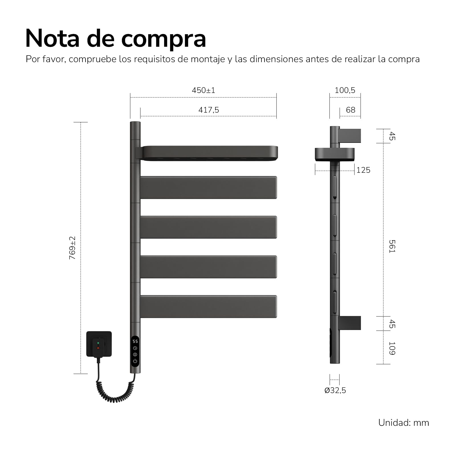 EMKE Toallero Eléctrico Giratorio WiFi, 77x45 cm, Estante,Antracita | Radiador Toallero de Pared con Estante, Fibra de Carbono, 6 Modos,Bajo Consumo,2 formas de instalación