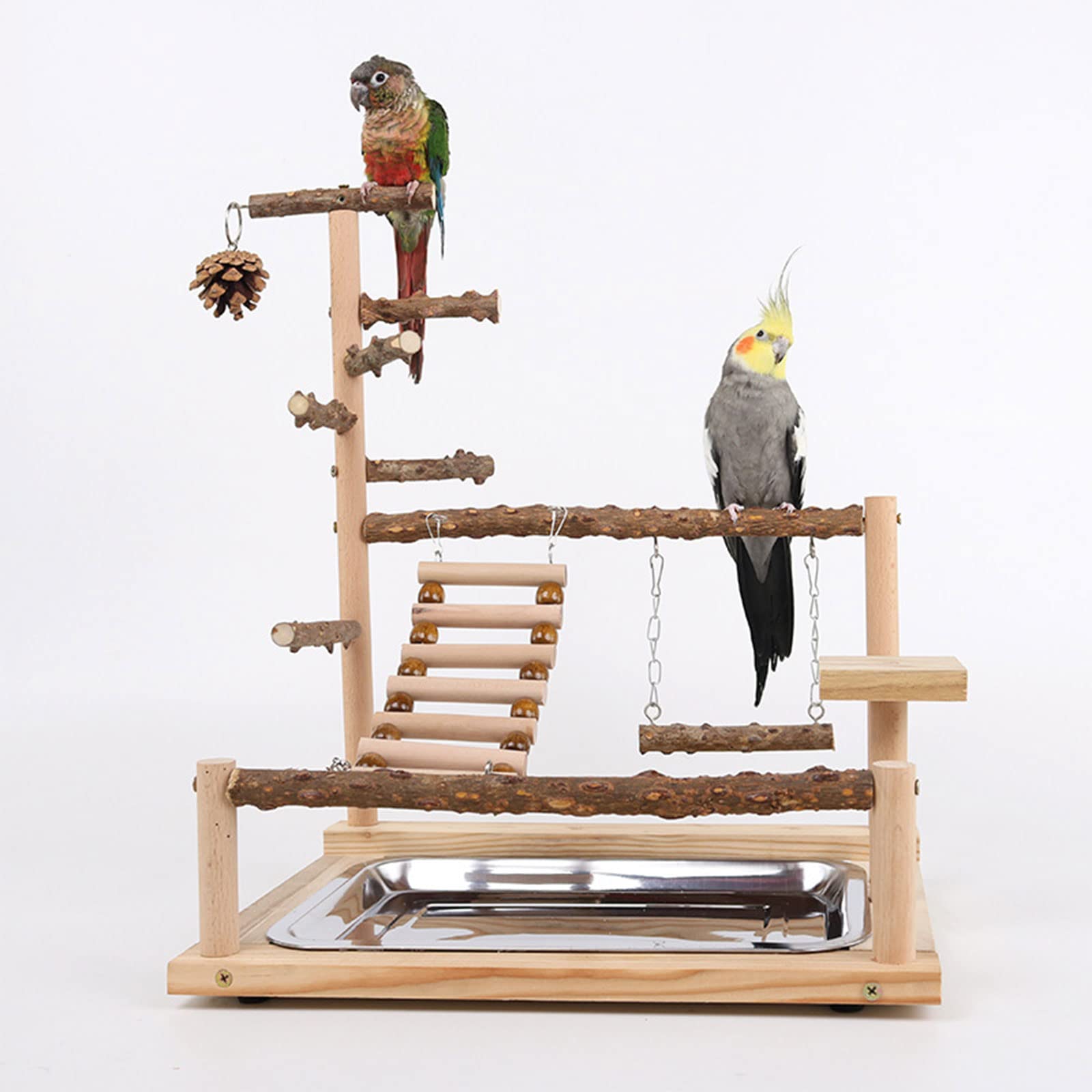Cavalletto per pappagalli per animali domestici Pappagalli Parco giochi per uccelli Gioca Stand Trespolo in legno per parco giochi con piastra alimentazione in acciaio Bastone in piedi per in