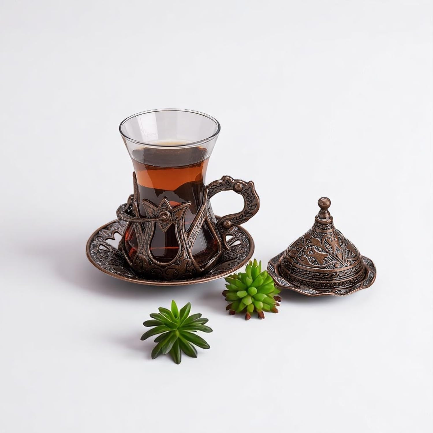 Alisveristime (Set of 6 Handmade Turkish Tea Water Zamzam Serving Set Glasses Saucer and Spoon (Copper)
