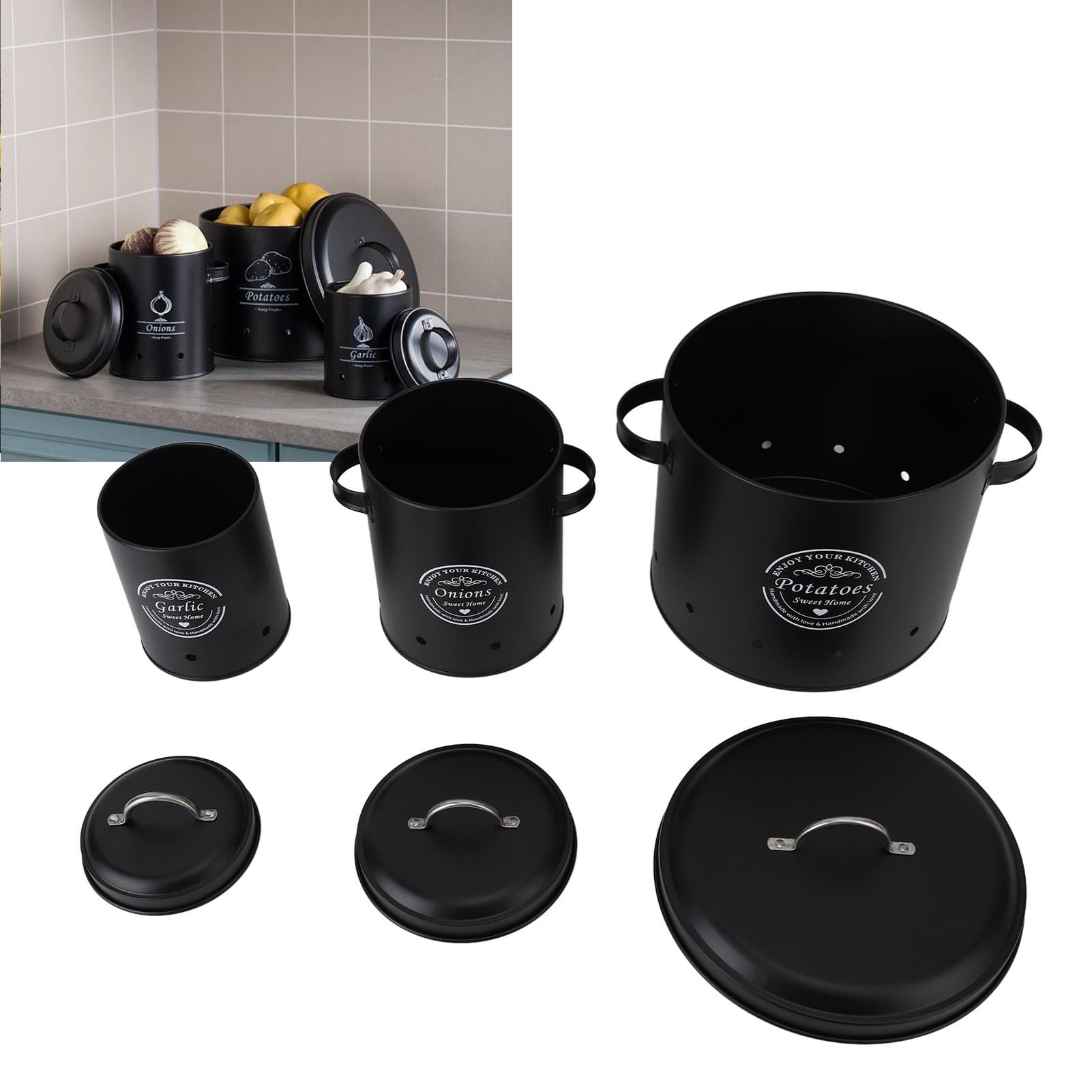 Srliya Kartoffel- und Zwiebel-Vorratsbehälter-Set, Umweltfreundlicher Behälter aus Kohlenstoffstahl mit Versiegeltem Design für die Organisation in der Küche, 3 Kanister, Gläser, (Schwarz)
