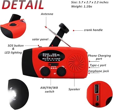 2024 Upgrade 5000mah Alertsync NOAA Weather Emergency Radio with Solar Charging, AM FM Hand Crank Windup Radio SOS Alarm LED Flashlight with Earphone Jack for Home, Camping, Survival Hurricane (Red)