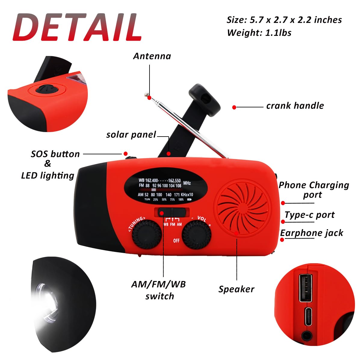 Radio d'urgence météo NOAA mise à niveau 2024 5000 mAh avec charge solaire, radio AM FM à manivelle Windup Radio SOS Alarme LED avec prise écouteurs pour la maison, le camping, la survie ouragan