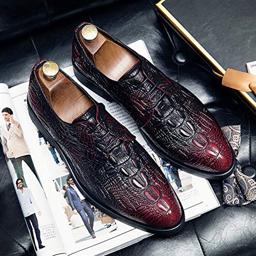 Dress Oxford for Men Lace Up Crocodile Embossed Round Toe Faux Leather Non Slip Rubber Sole Block Heel Wedding(Wine Red,10 M US)2