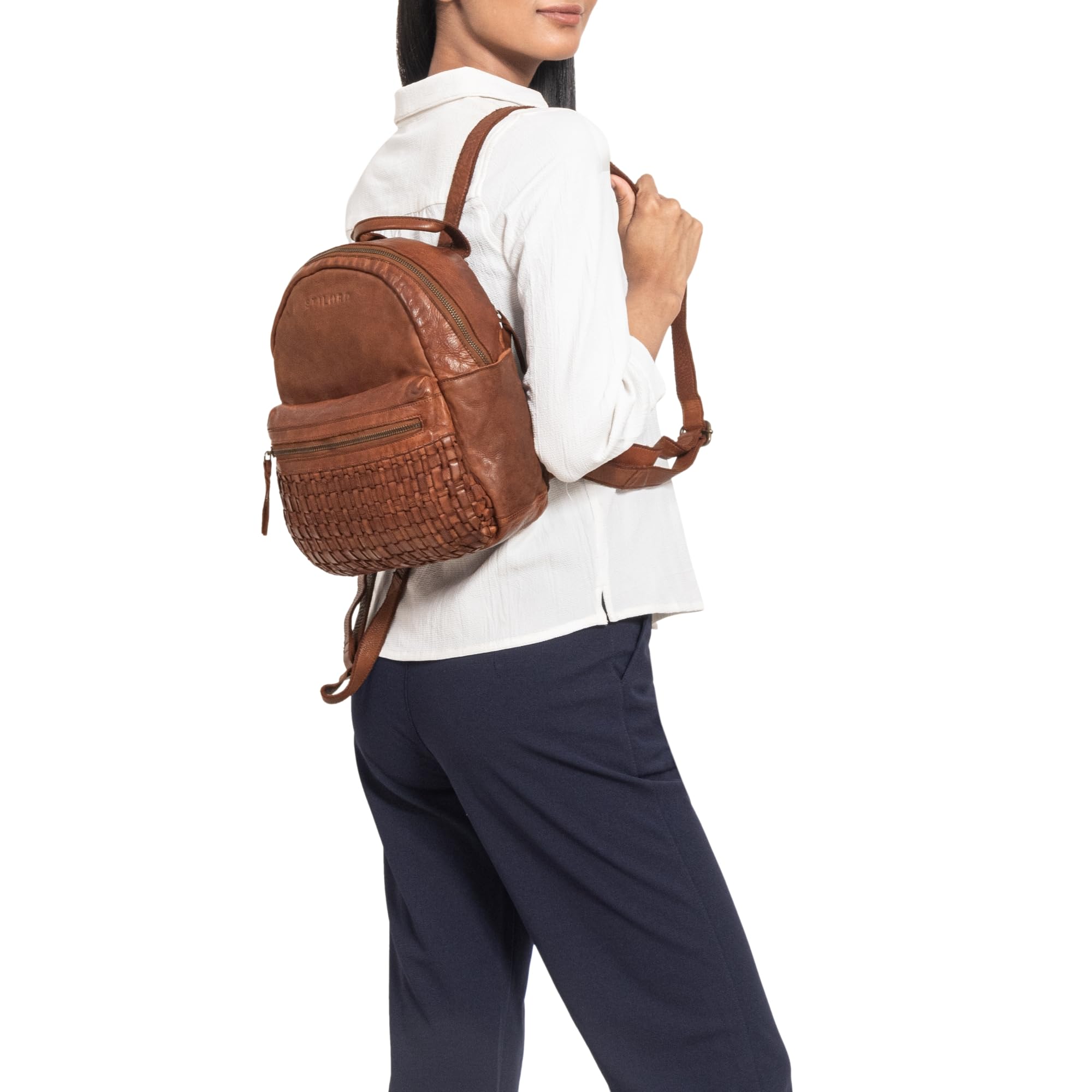 STILORD 'Wichita' Leder Rucksack Damen Klein Geflochten Vintage Daypack Kleiner Cityrucksack Echtleder Frauen Boho Retro - Lederrucksack Weiches Leder