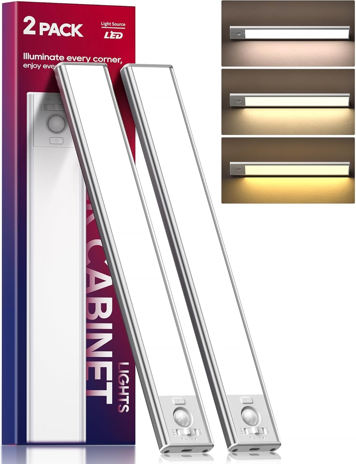 2 Pack Under Cabinet Lighting, 3 Color Temperatures Motion Sensor Light Indoor, LED Rechargeable Cabinet Lights, Stick-On Magnetic Closet Light, Wireless Under Counter Lights for Kitchen, Stair