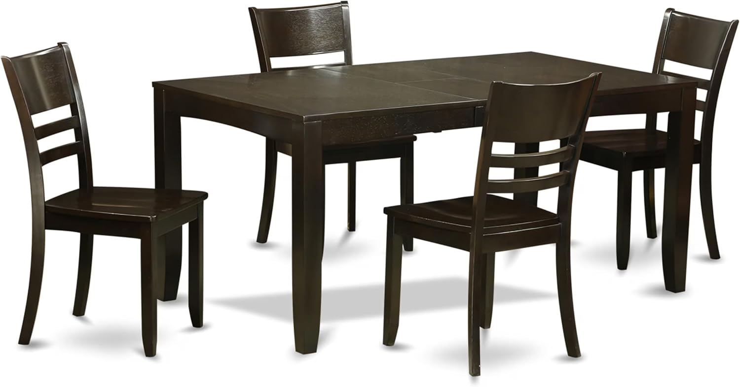 East West Furniture LYFD5-CAP-W 5 Piece Dining Table Set for 4 Includes a Rectangle Kitchen Table with Butterfly Leaf and 4 Dinette Chairs, 36x66 Inch, Cappuccino