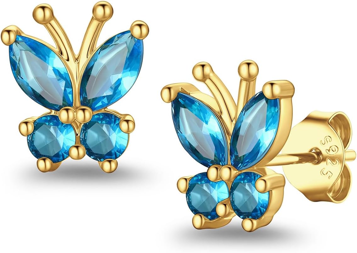 Suplight Butterfly Stud Earrings for Women, 14K Gold & Silver Birthstone Cubic Zirconia, Hypoallergenic Surgical Steel Sterling Silver Post, Sensitive Ears Friendly, Everyday Wear Women’s Jewelry Gifts