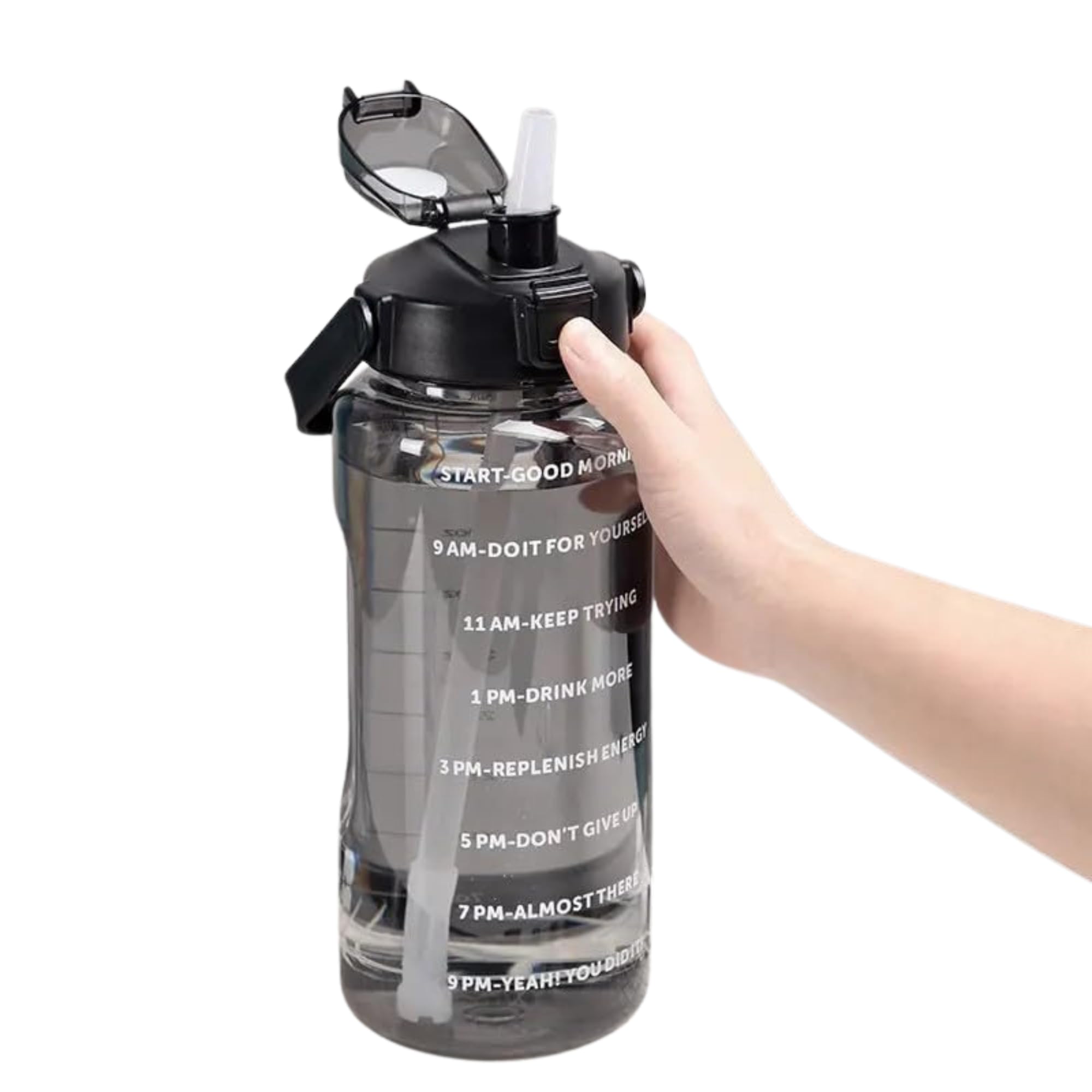 BIGXEN Water Bottle with Straw and Sticker Sport Plastic Portable Drinking Bottle for Kids Girls School Supplies (Plastic 2L Bottle), Black