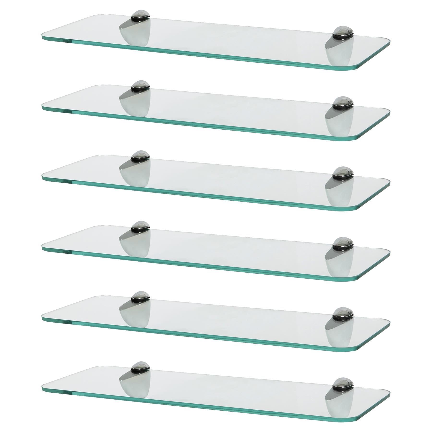 Harbour Housewares Rounded Floating Glass Bathroom Shelves - 40cm - Clear/Chrome - 6x Wall-Mounted Kitchen Bedroom Shower Room Décor Caddy Towel Storage Organiser Shelving Rack with Brackets