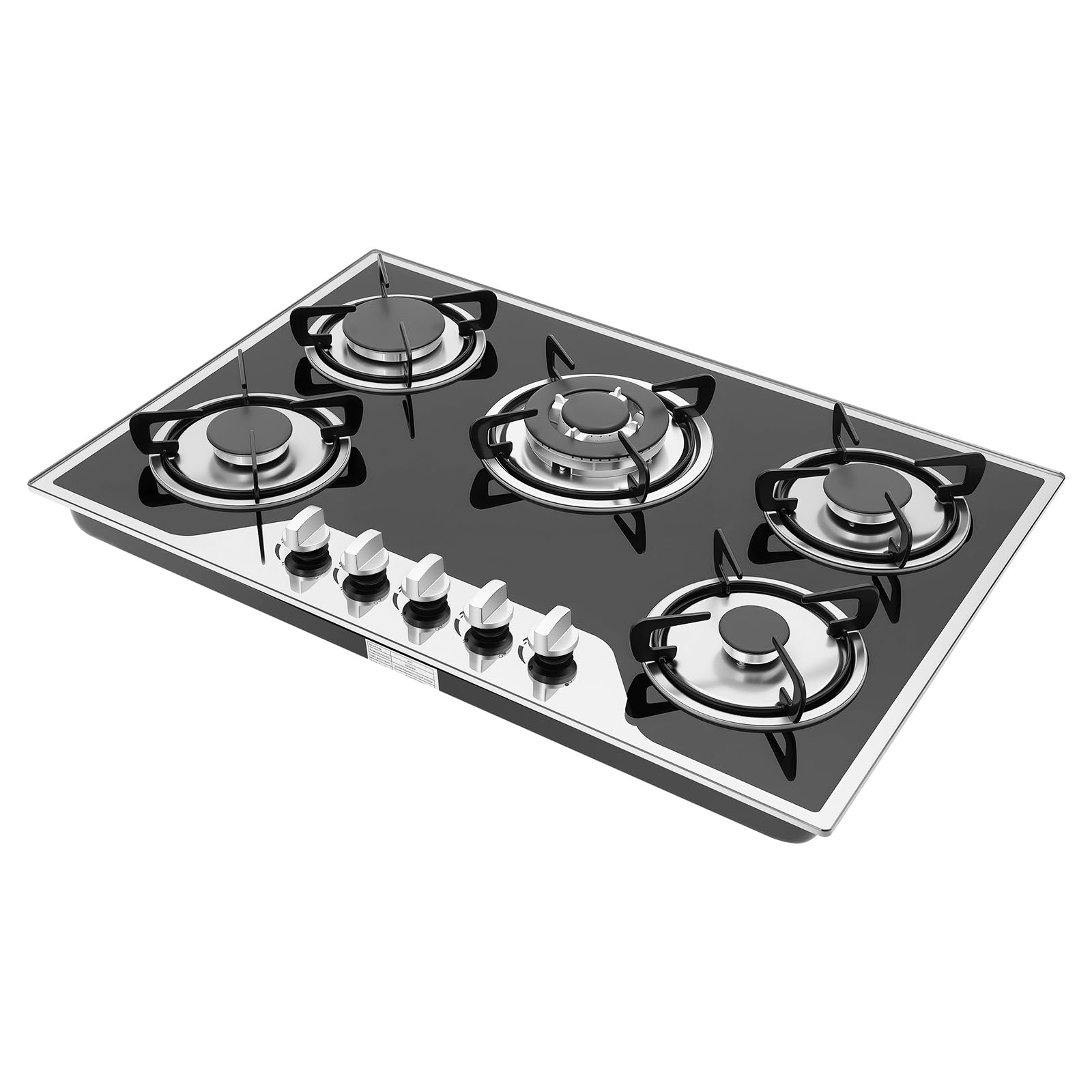 Plaque de cuisson gaz, Table de cuisson gaz 5 feux, Gas cooktop 5 burners, plaque gaz encastrable verre 7mm allumage électronique réglage flamme 180 degrés cuisine maison restaurant domestique