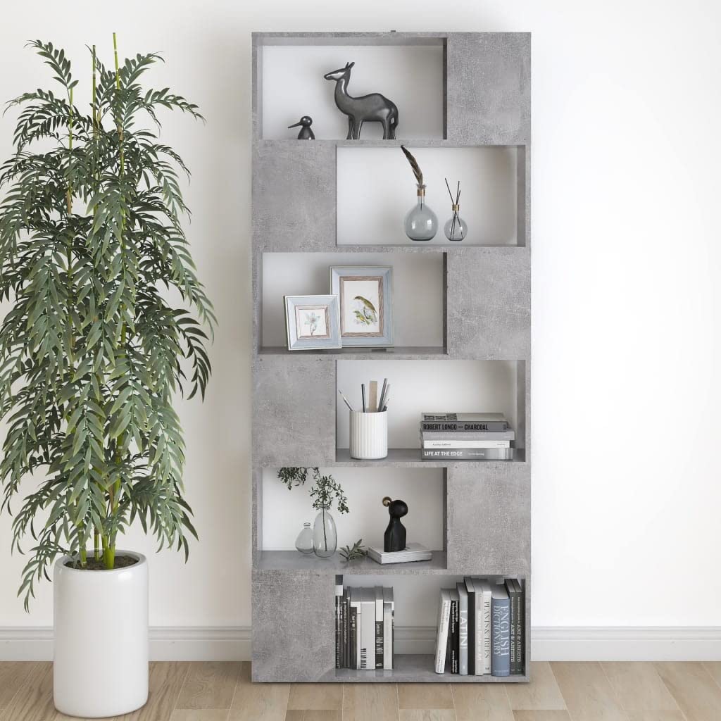 Scaffale separatore per ambienti in compensato grigio cemento 80 x 24 x 186 cm con 6 scomparti spaziosi, libreria versatile per organizzazione e decorazione
