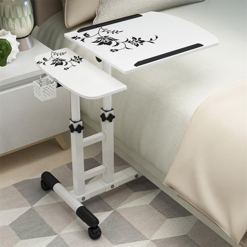 Table de Lit a Roulette, Hauteur Réglable Plateau Inclinable Double Surface