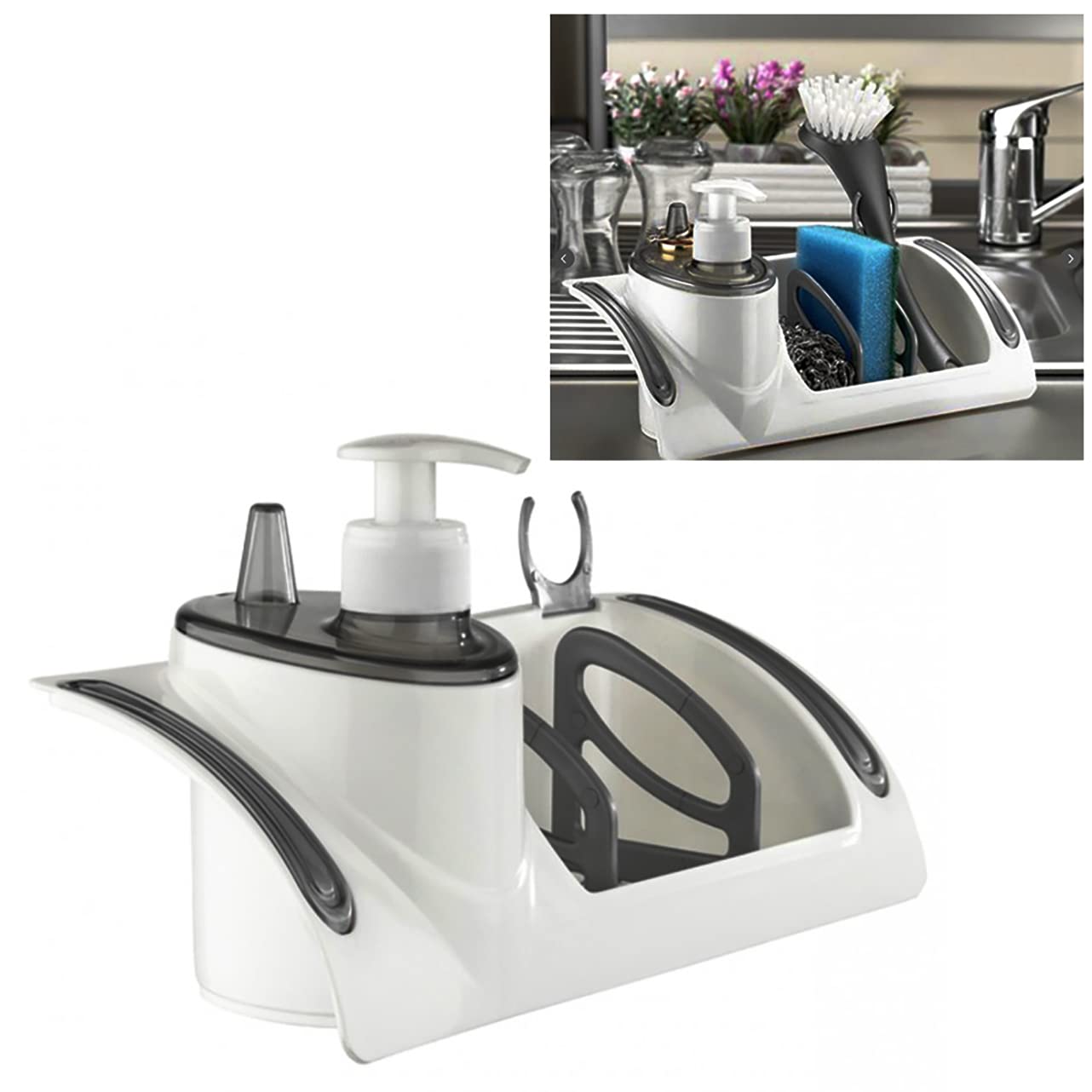 Hk Online White Kitchen Bathroom Tap Sponge Soap Holder & Liquid Pump Dispenser -Sink Draining Caddy, Dishcloth Holder (Dish Sponge & Liquid Stoarge)