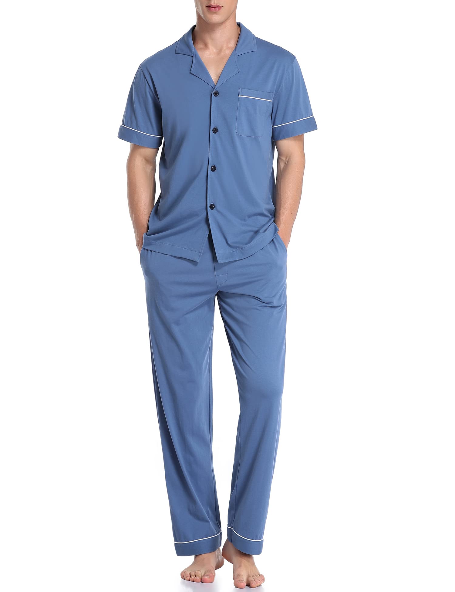 COLORFULLEAF Men's 100% Cotton Pajamas Set Button Down Sleepwear Short Sleeve and Long Pants Pjs