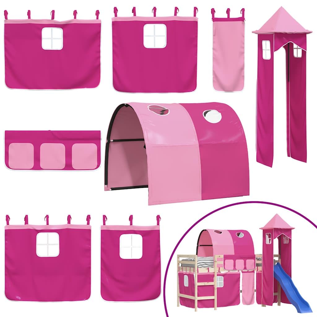 Vorhänge für Hochbett mit Tunnel und Turm Rosa aus Polyester mit Aufbewahrungstaschen, 211x94 cm Tunnel, 44,5x43x190,5 cm Turm, Lattenrost kompatibel, Spielplatz-Design für Kinderzimmer Spaß