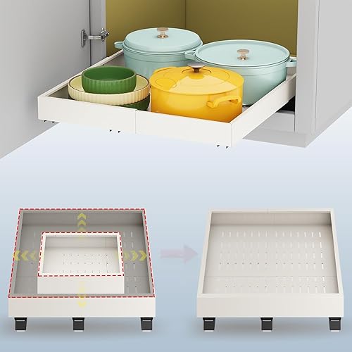 Miniatura 12 de Organizador de Gabinete Extraíble, Ancho Expandible (28 cm-41 cm), Profundidad (43 cm-61 cm) con 3 Carriles, Cajones Deslizantes, Estantes Blanco
