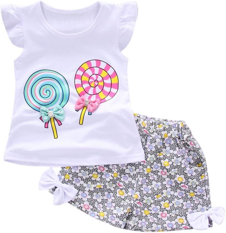 Zolimx Newborn Baby Girl Clothes Summer 2019-1 to 4 Years Toddler Print Lollipop with Bow Sleeveless Outfits Sets 1PC T-Shirt 1PC Pants