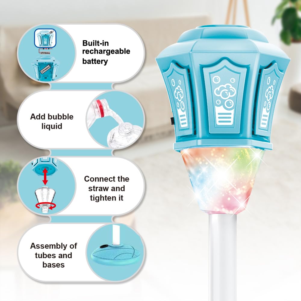 Bubble Torch Lampe de Jardin avec Lumière et Musique,Réglables Hauteur,Machine à Bulles d'extérieur Rechargeable avec Télécommande,Machine a Bulle Automatique pour Jardin,Anniversaire,Mariage (Bleu)