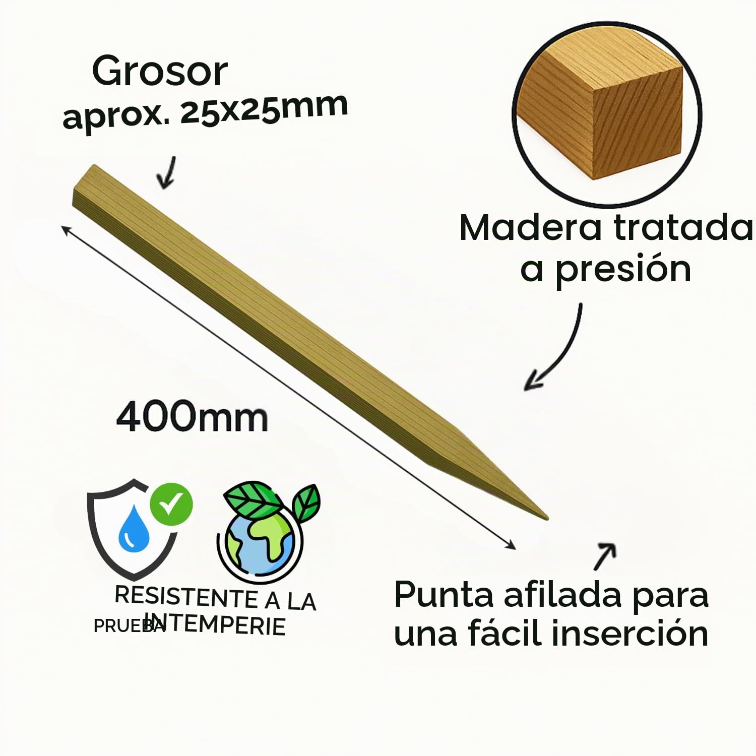 Juego de 15 estacas de madera tratada, postes de 400 mm con forma de estaca