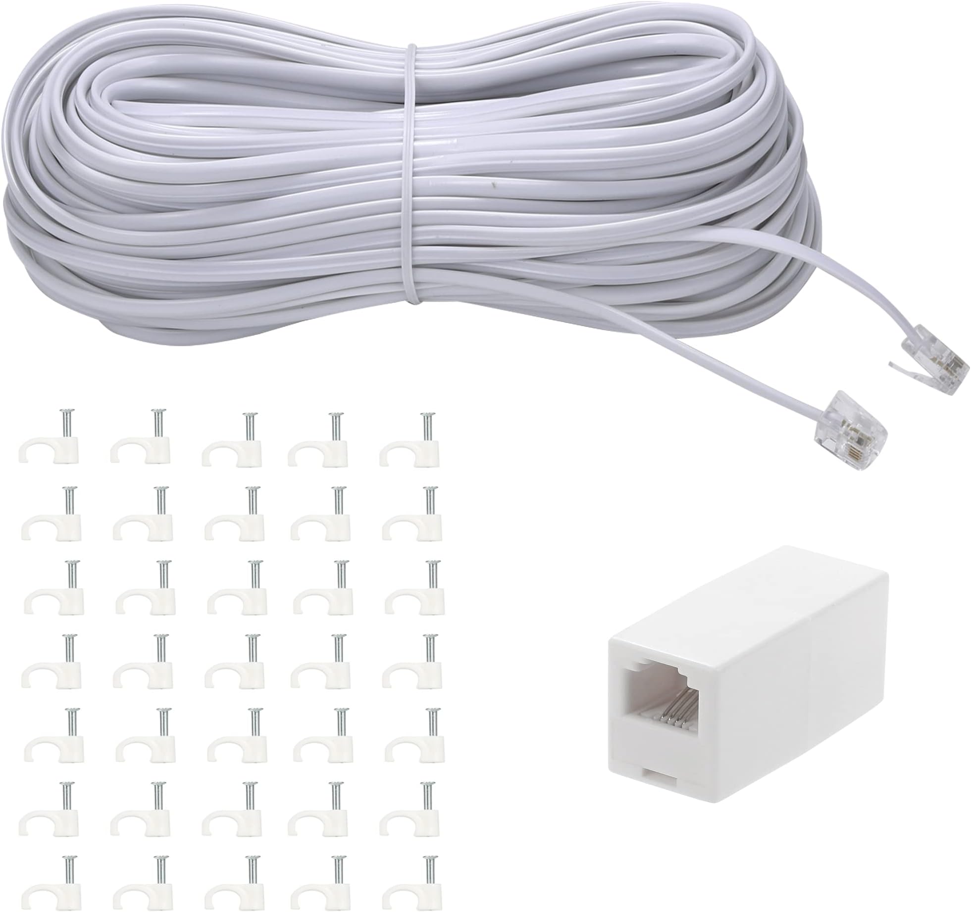 100Feet Long Telephone Extension Cord Phone Cable Line Wire, with Standard RJ11 Plug and 1 in-Line Couplers and 35Cable Clip Holders-White