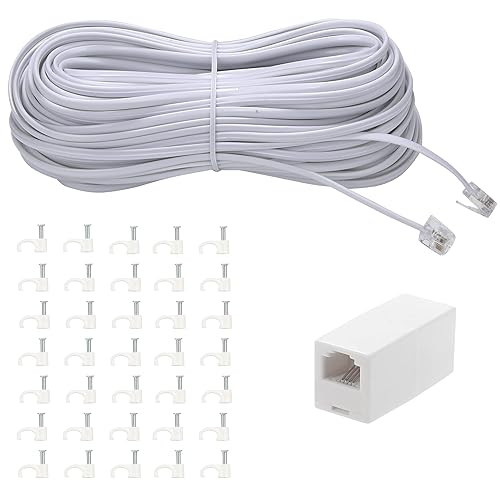 Cable de extensión de teléfono de 100 pies de largo, con enchufe RJ11 estándar y 1 acoplador en línea y 35 soportes de clip para cables, color blanco