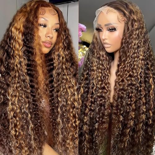 Ombre Lace Front Wigs Human Hair Highlight Deep Wave 5x5 Hd Lace Closure Wig Human Hair Honey Blonde Curly Wig Human Hair Pre Plucked 180% Density P4/27 Wet Wavy Closure Wig 32 Inch
