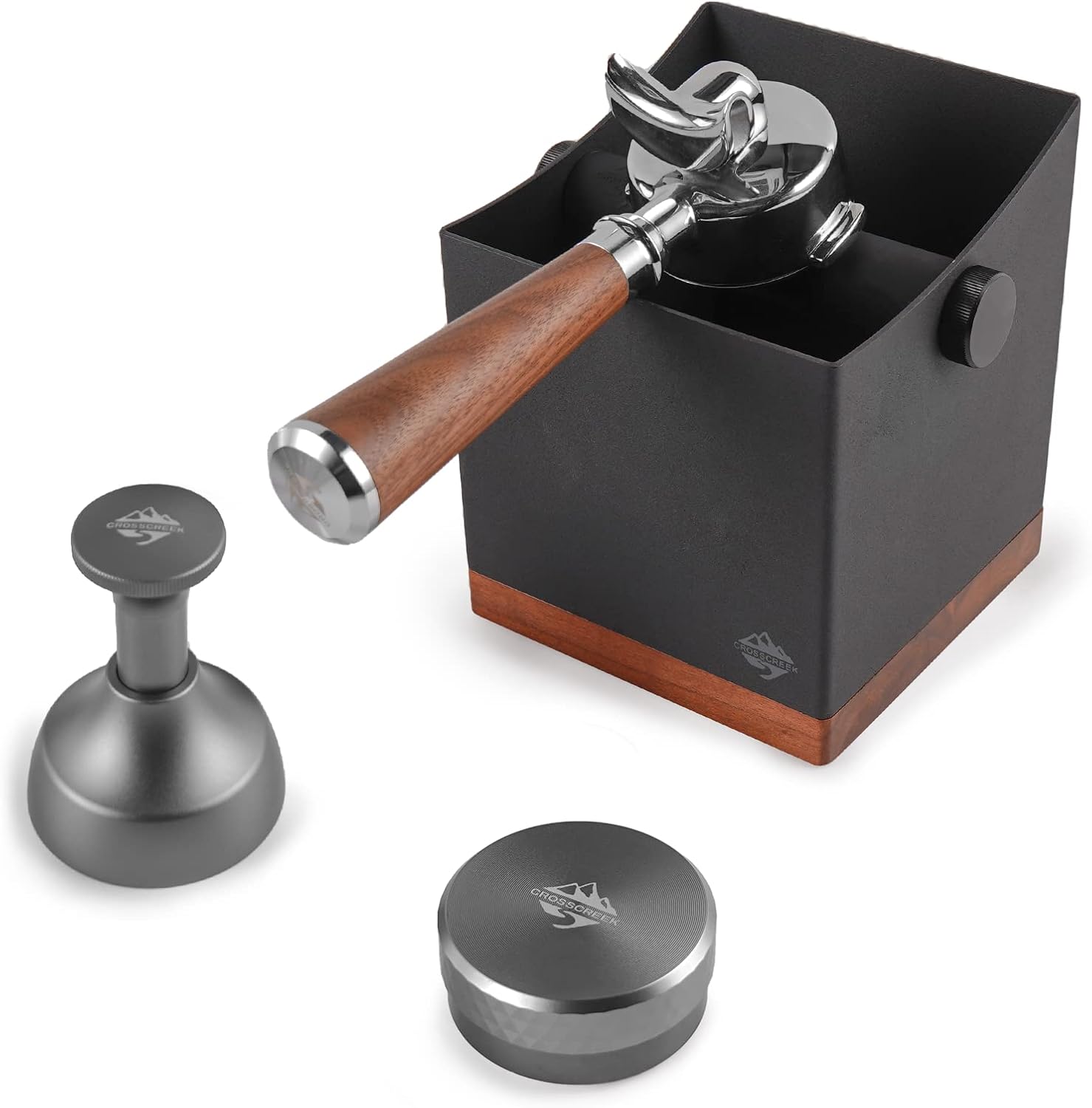 CrossCreek 2.5L Knock Box Set with 58mm Espresso Portafilter, Needle Coffee
