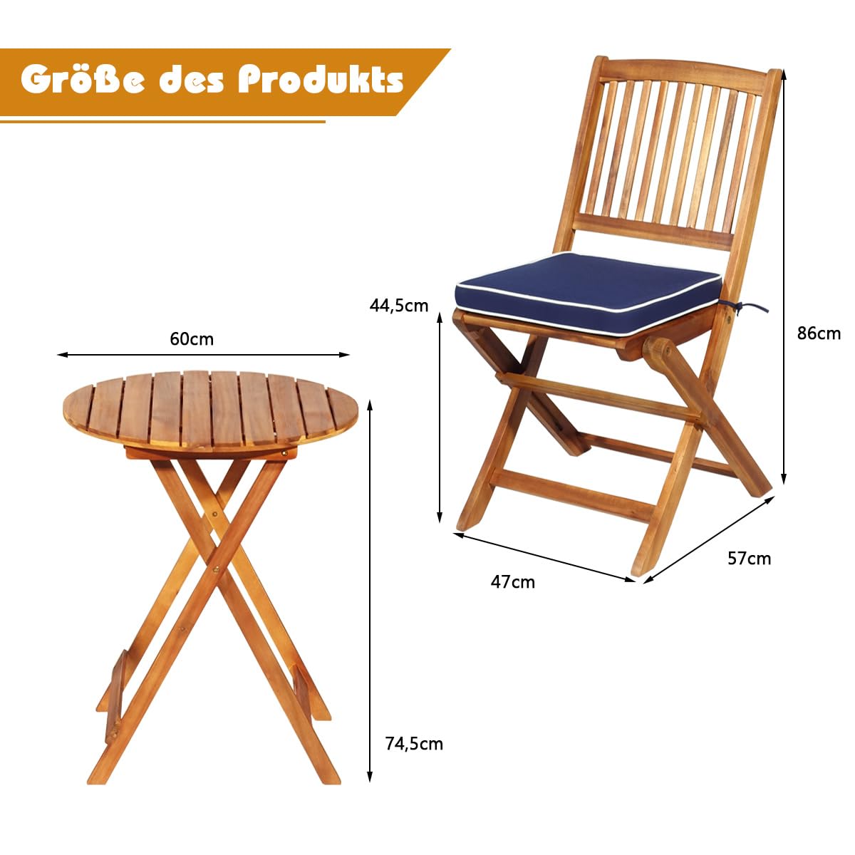 GOPLUS 3tlg. Gartenmöbel Set aus Akazienholz, klappbares Balkonmöbel-Set, inkl. Rundtisch und 2 Stühlen mit Kissen, Sitzgruppe, Sitzgarnitur, für Außenbereich (Blau)