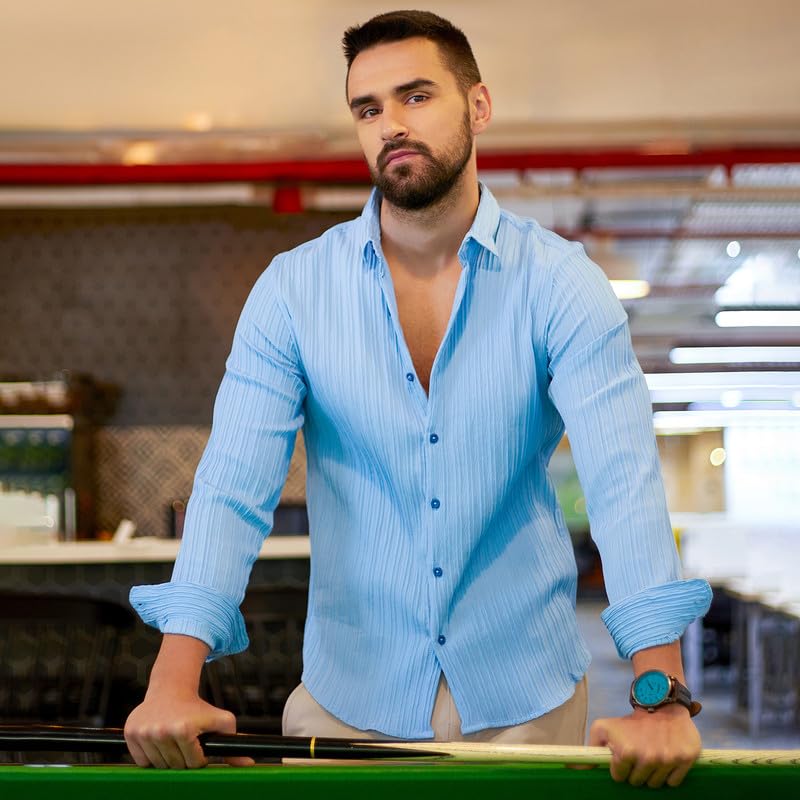 Image of CAHOOT Men's Self-Design Striped Shirt for Casual Wear | Spread Collar | Long Sleeve | Button Closure | Shirt Crafted with Comfort Fit for Everyday Wear