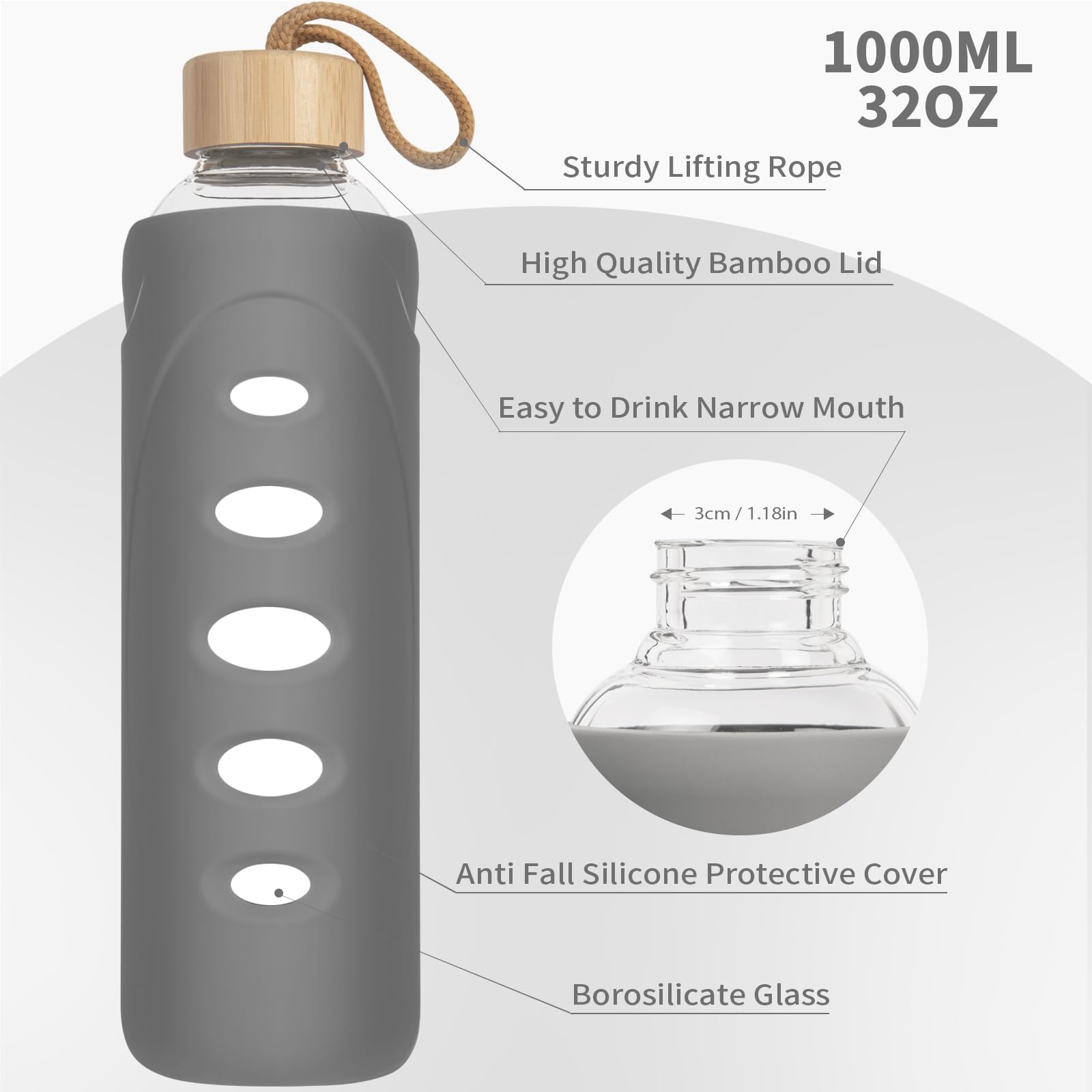 Ferexer 1 litre / 1l / 1000 ml Sport Borosilicate Glass Water Bottle with Protective Silicone Sleeve and Bamboo Lid (grey) - Image 2