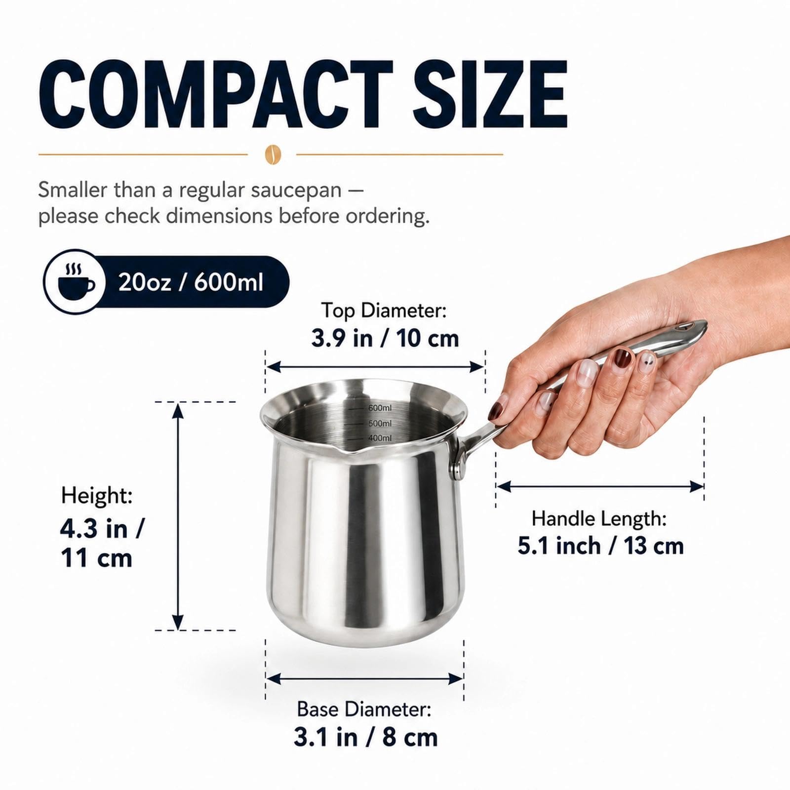 IMEEA Türkische Kaffeekanne - Milchkanne, Arabische Mokkakanne, Griechische Coffee Pot Aus 18/10 Edelstahl (600ml)