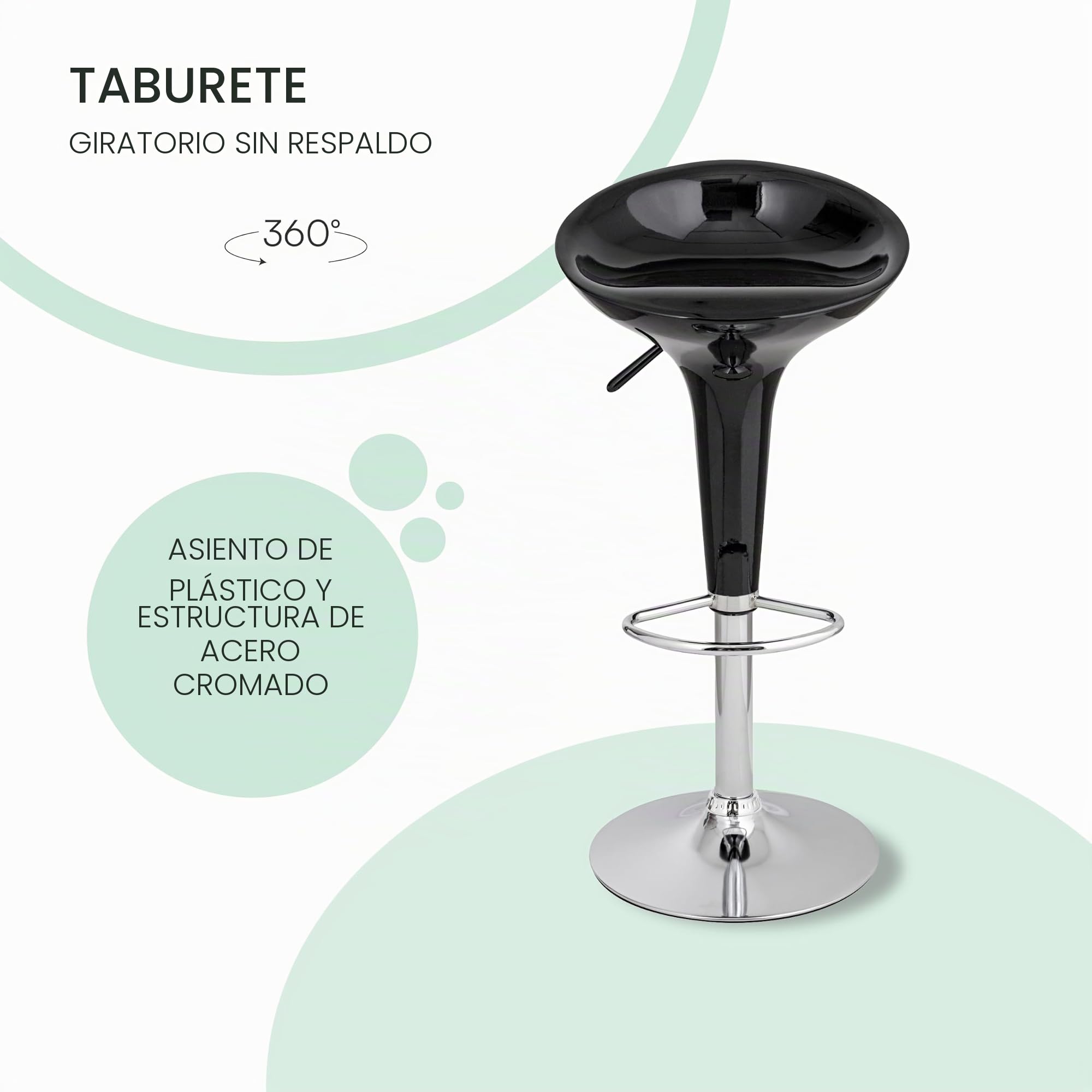 Baroni Home Taburete de Bar Giratorio con Altura Ajustable, Asiento de Plástico, Base Cromada con Reposapiés y Fondo Antiarañazos, Taburete de Cocina y Península, 40x 45x59-79 cm, Negro 1 Pieza